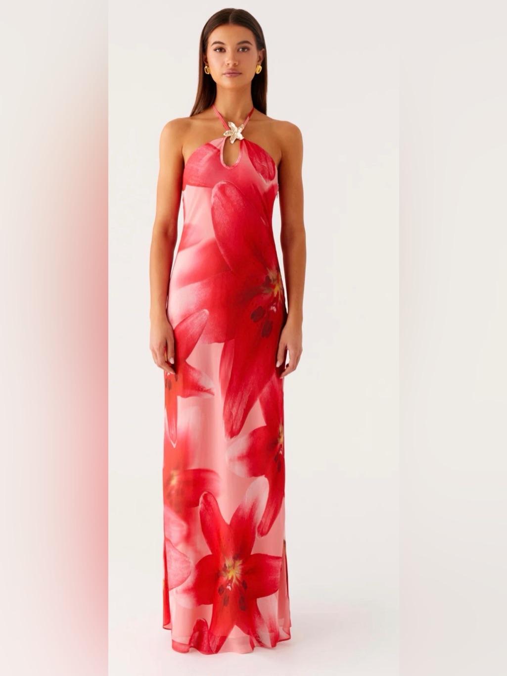 Peppermayo Red Floral Halter-Neck Maxi Dress